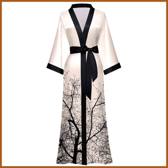 Long Satin Kimono Robe with V-Neck and Removable Waist Tie